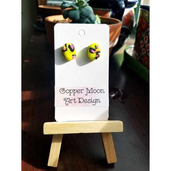 Handmade Yellow and Pink Leopard Stud Earrings - Picture 2 of 2